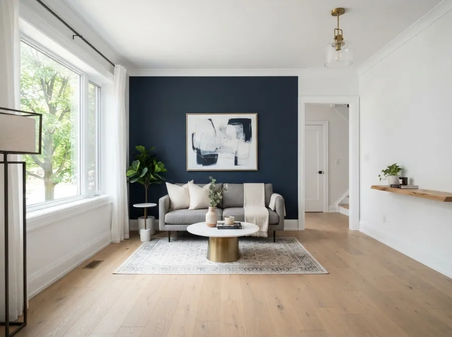 Freshly painted living room with white walls and a navy accent wall